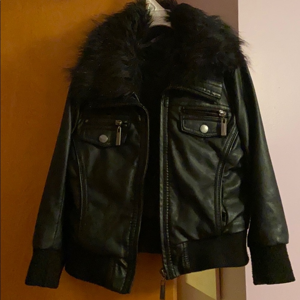 Black faux fur collar jacket-Toddler girls